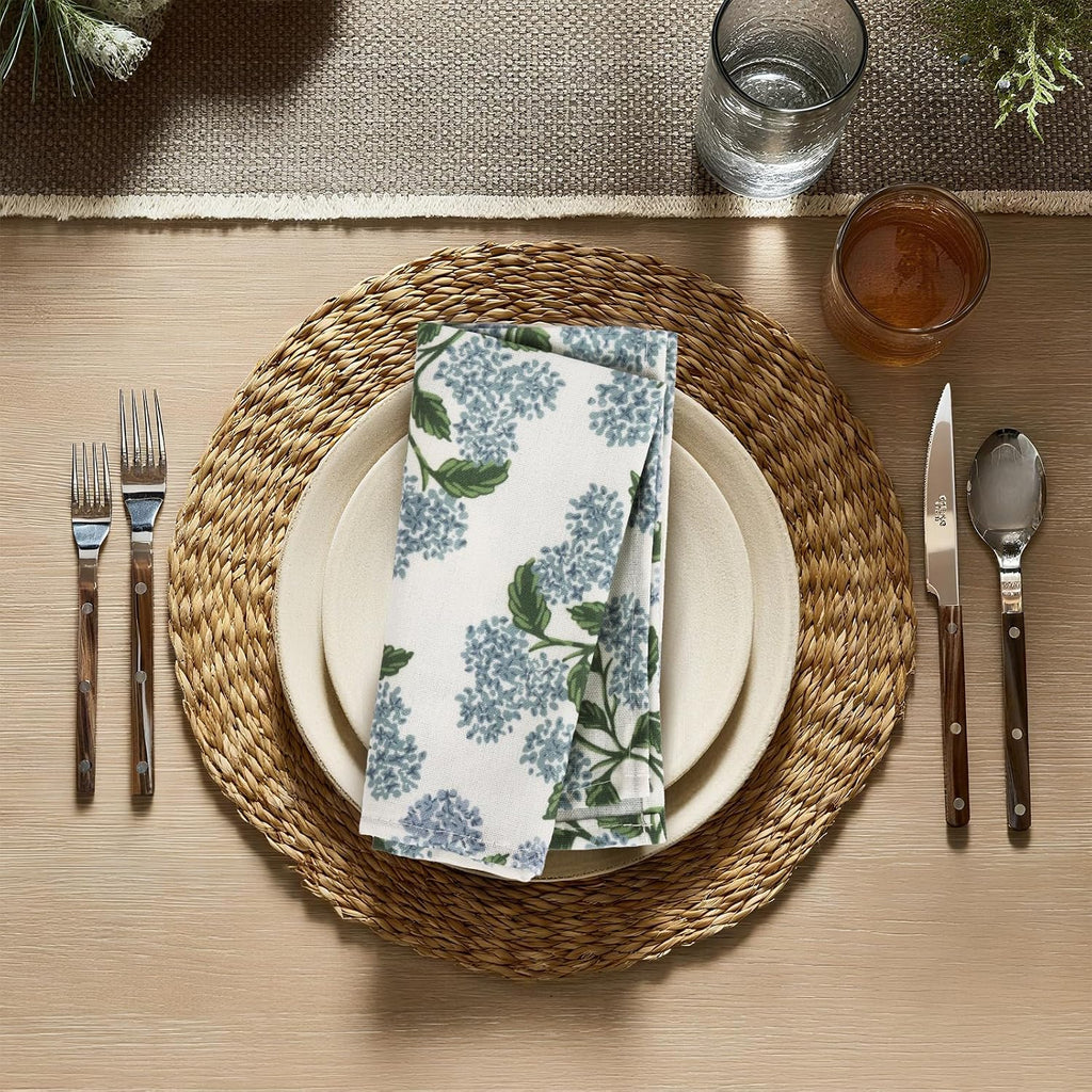 Sage Green Hydrangea Cloth Napkins Set of 12,Blue and White Vintage Floral Dinner Napkins Natural Linen Cotton