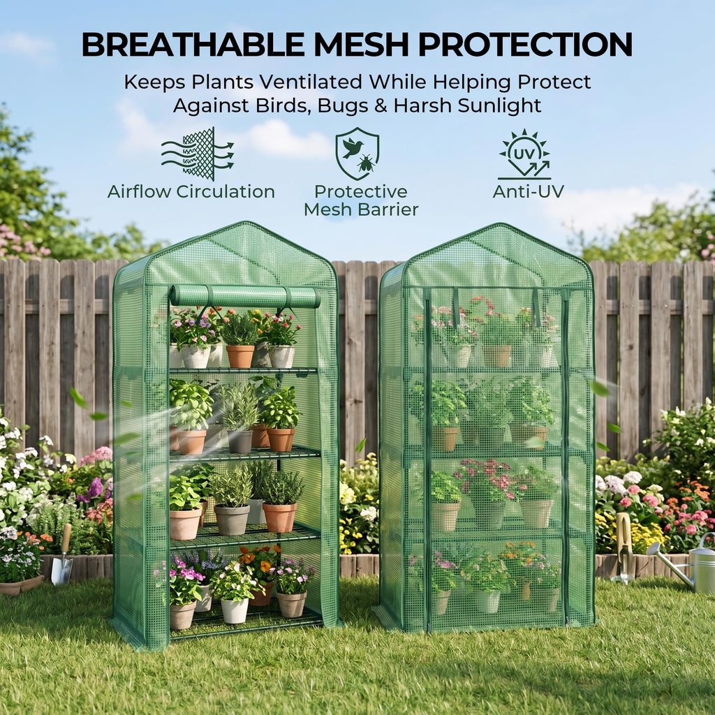 4 Tier Mini Greenhouse - 63'' H x 27'' L x 19'' W - Sturdy Portable Gardening Shelves with Durable PE Cover w