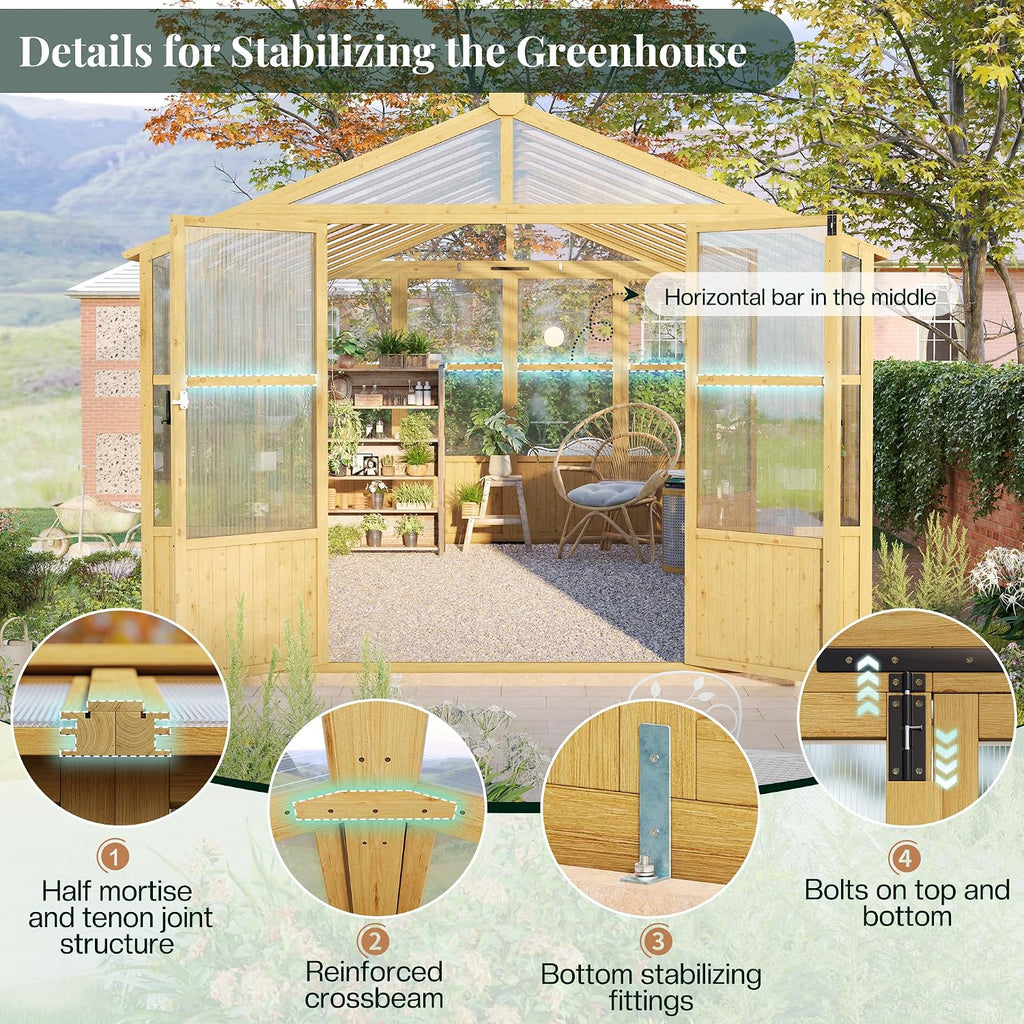 10 x 18-Ft Wooden Greenhouse | Walk-In Cedar Frame, Lockable Door, 2 Adjustable Roof Vents, Polycarbonate Panels, for