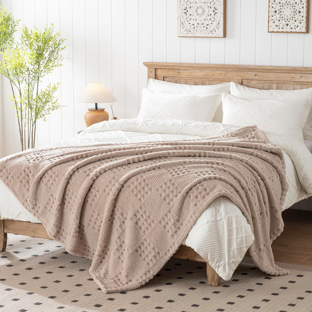 50x70 Inch Waffle Brown Throw Blanket -Fluffy Fleece, Neutral Tan Color, Cute & Aesthetic, Chair, Bed, Living Room &
