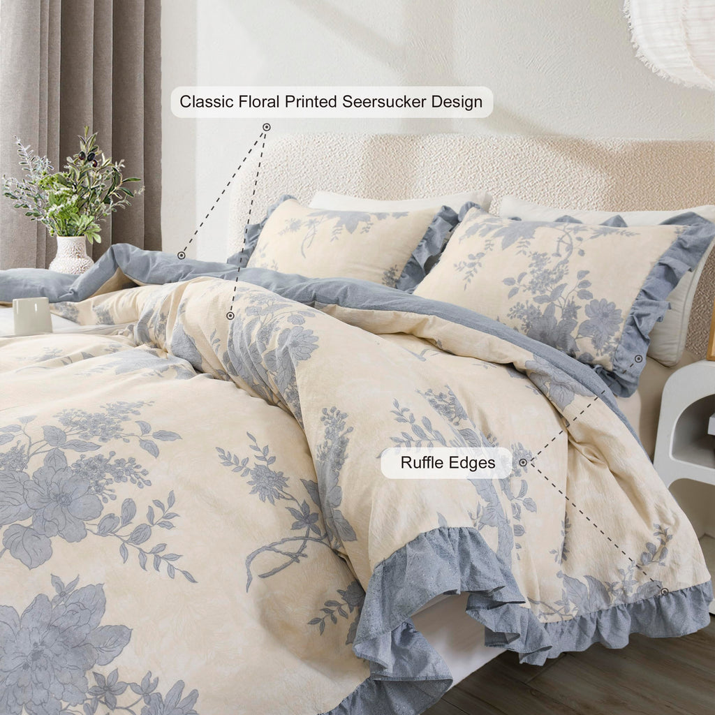 Comforter Set, Ruffle Floral Bedding Set, 3 Pieces, Blue