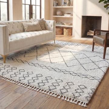Area Rug - Moroccan Fringe Shag Collection - Large - Ivory & Grey, Boho Design, Non-Shedding & Easy Cleaning