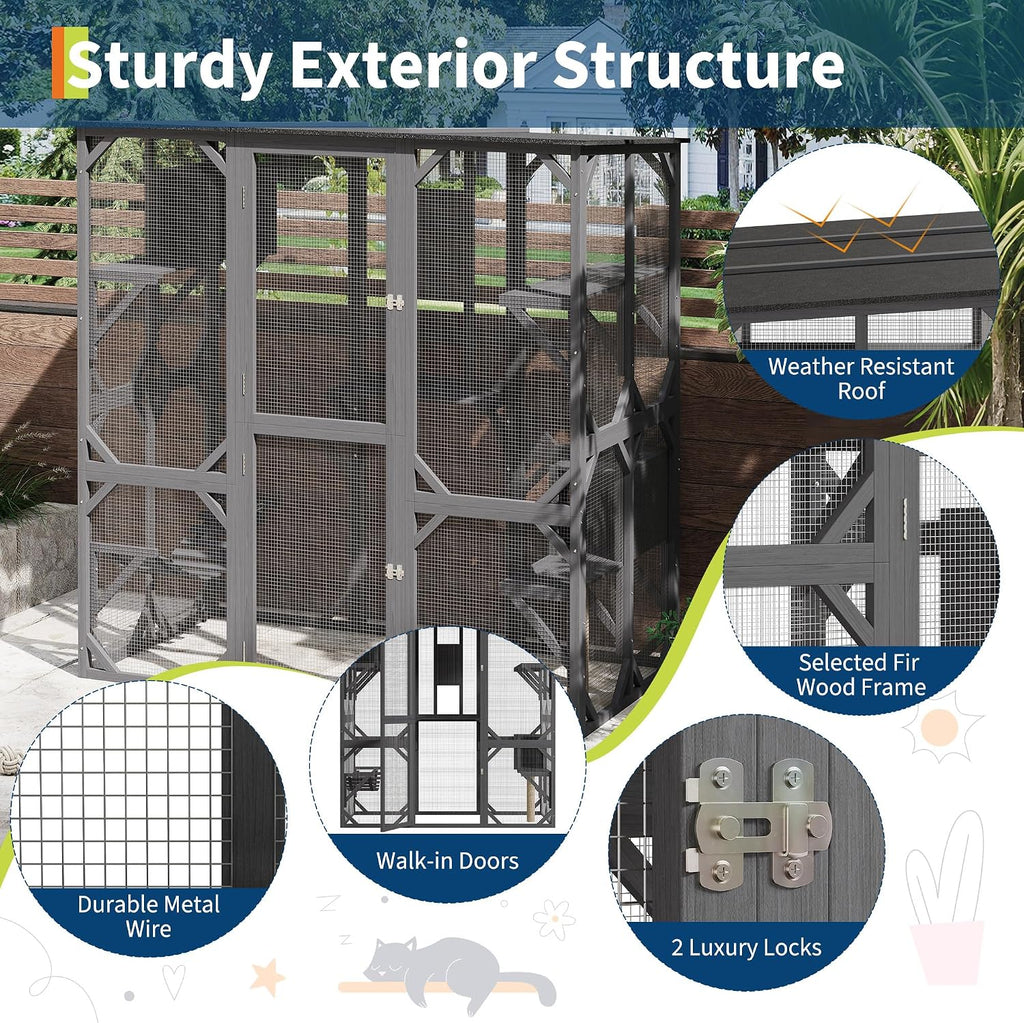 70" Outdoor Catio Cat Enclosure for Cats, Walk-in Wooden House with Roof