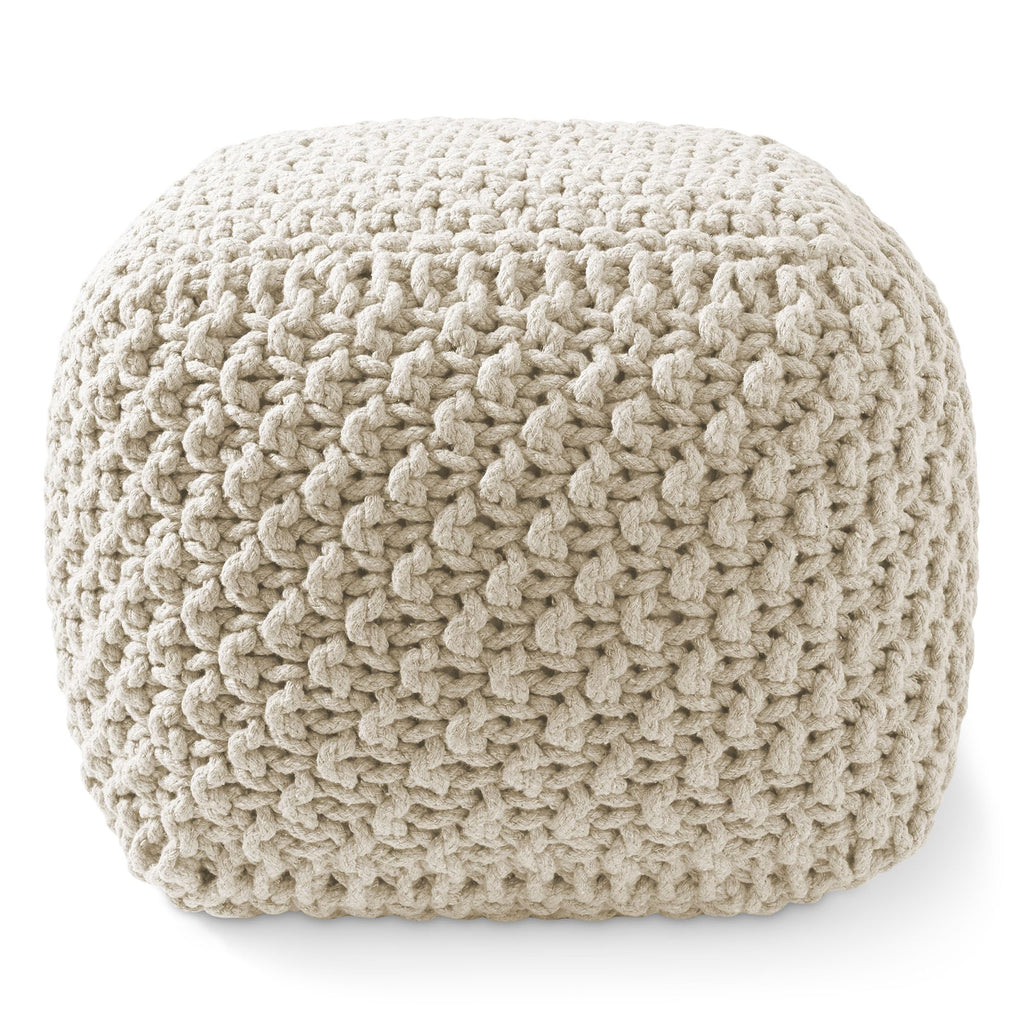 Square Pouf Ottoman, Natural - 18.5" W x 18.5" D x 14.5" H Cotton Knit Foot Stool - Boho Floor Pouffe