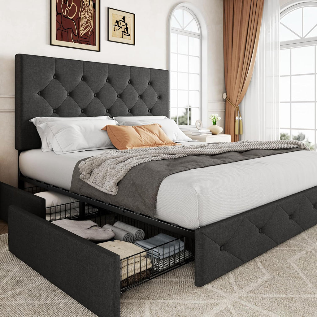 Upholstered Queen Platform Bed Frame with 4 Storage Drawers and Headboard, Diamond Stitched Button Tufted