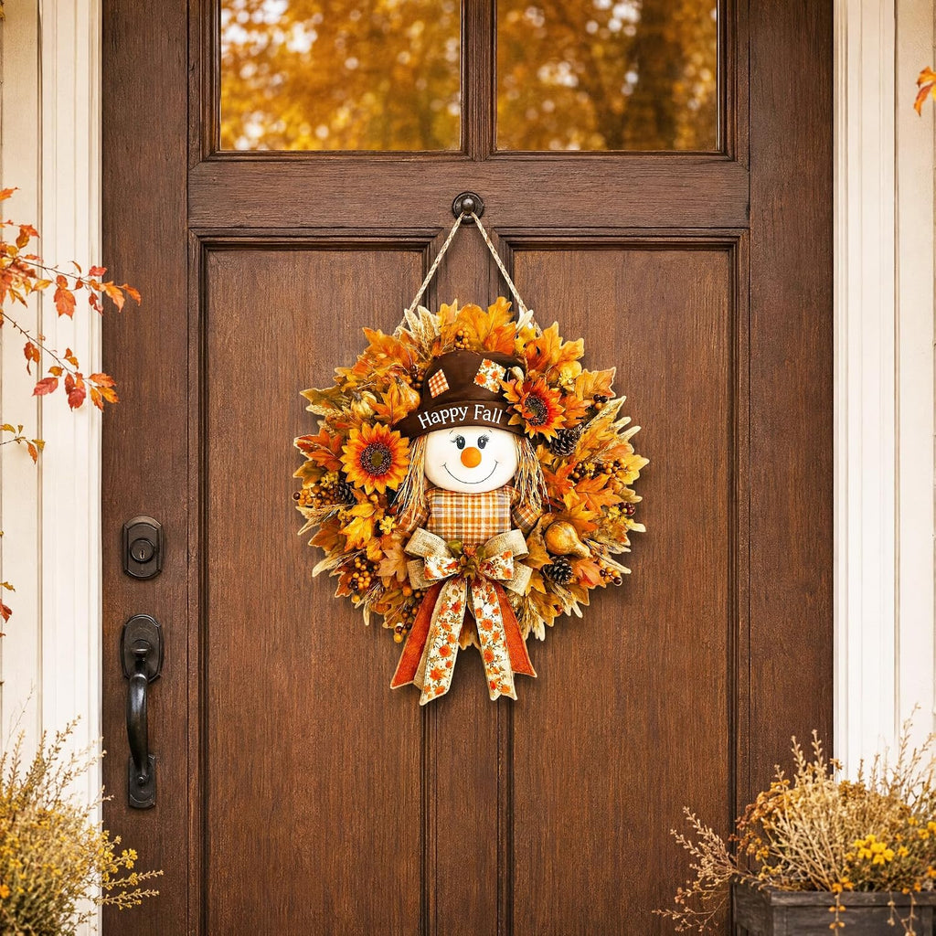 Fall Decorations Wooden Fall Decor Scarecrow Door Wreath for Front Door Farmhouse Scarecrow Maple Leaf Welcome Sign