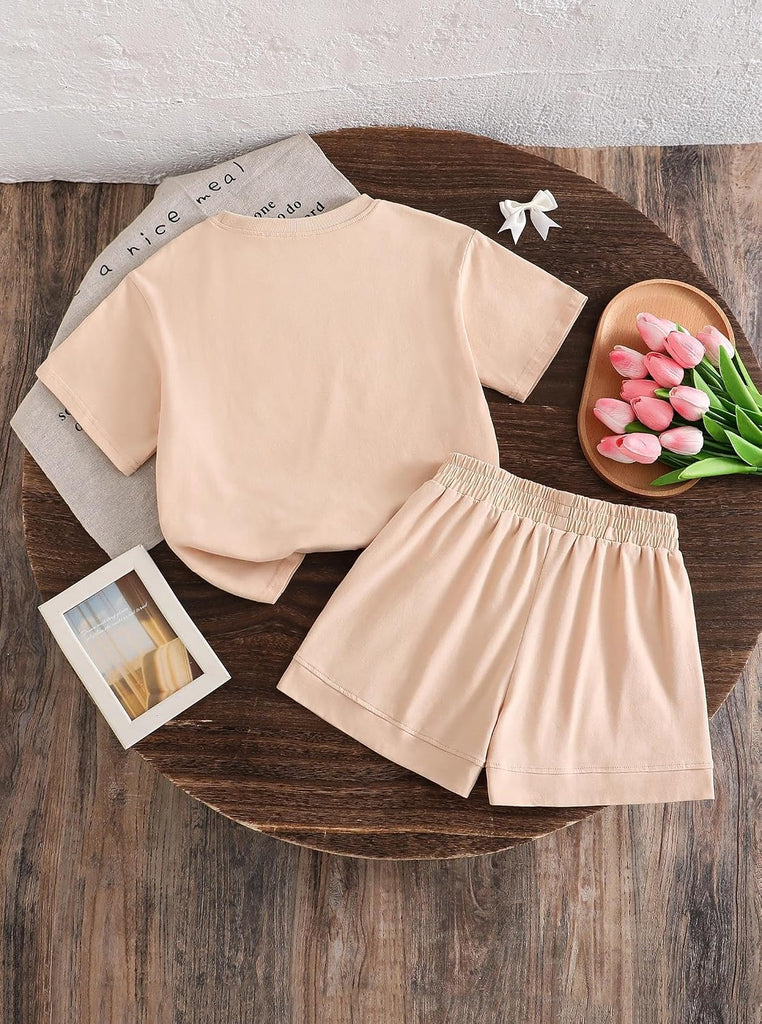 Girls 2 Piece Summer Outifts Graphic Short Sleeve Tops and Elastic Waist Shorts Set with Pocket