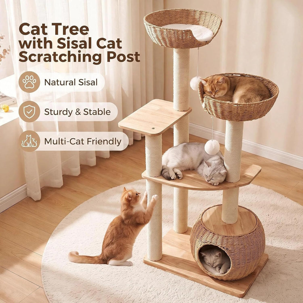 54in Wooden Cat Tree for Large Indoor Cats, Modern Tall Cat Tower