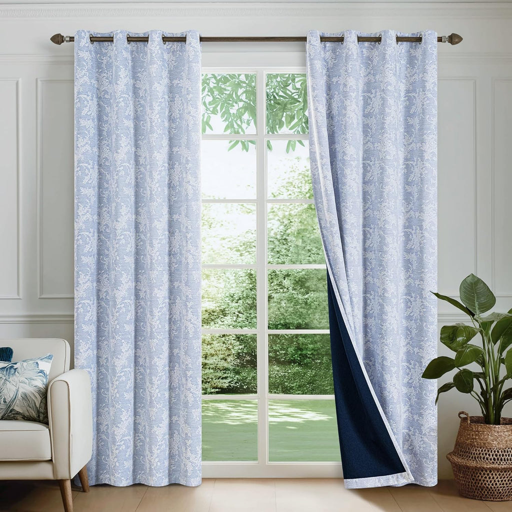Blue Floral Jacquard Blackout Curtains 96 Inches Long, Scroll Flower Chenille Farmhouse Curtains for Living Room