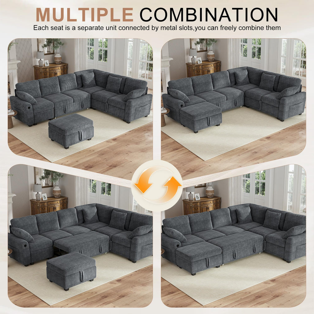 106" Sectional Sofa with Pull Out Couch Bed, 6 Seater Corduroy Sleeper Sofa with Storage Ottoman & USB Charging, Comfy
