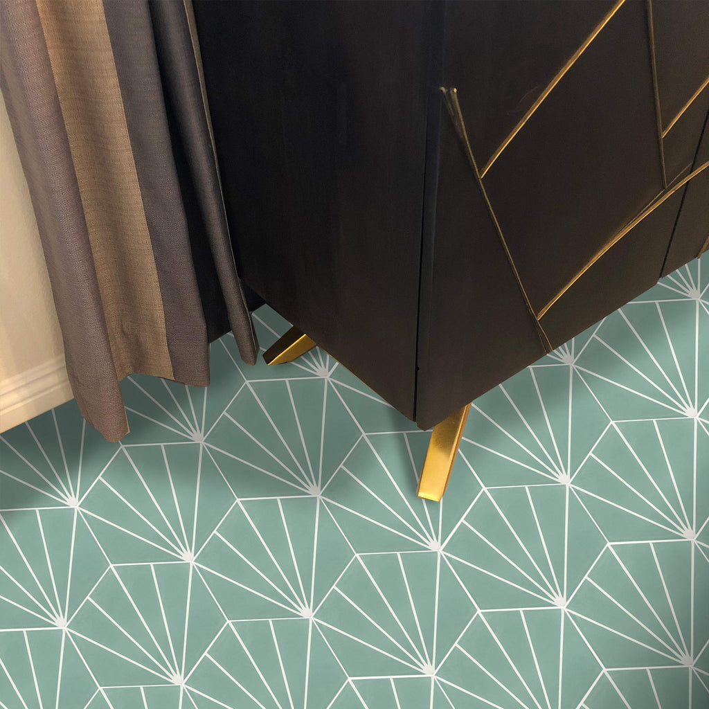 Menara Hexagon Handmade Cement Tiles, Pack of 12, Green and White Lines