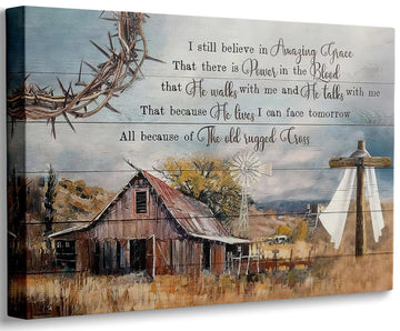 The Old Rugged Cross Canvas Wall Art, Religious Hymn Painting Picture Wall Decor, Vintage Barn Windmill Poster Print