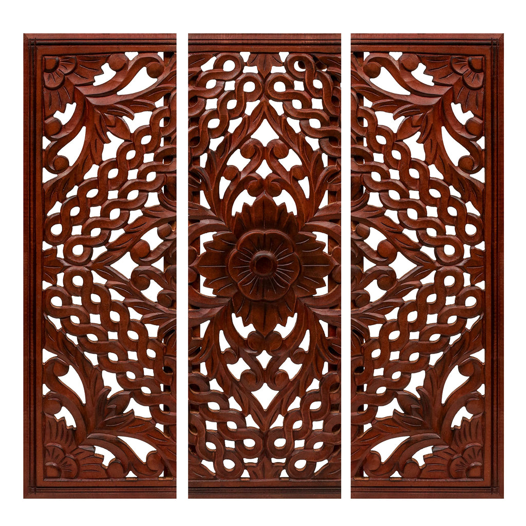 Moroccan-Chinese Wall Art - Set of 3 Handcrafted Floral Panels 36x12 Inch - Elegant Wooden Décor for Modern &