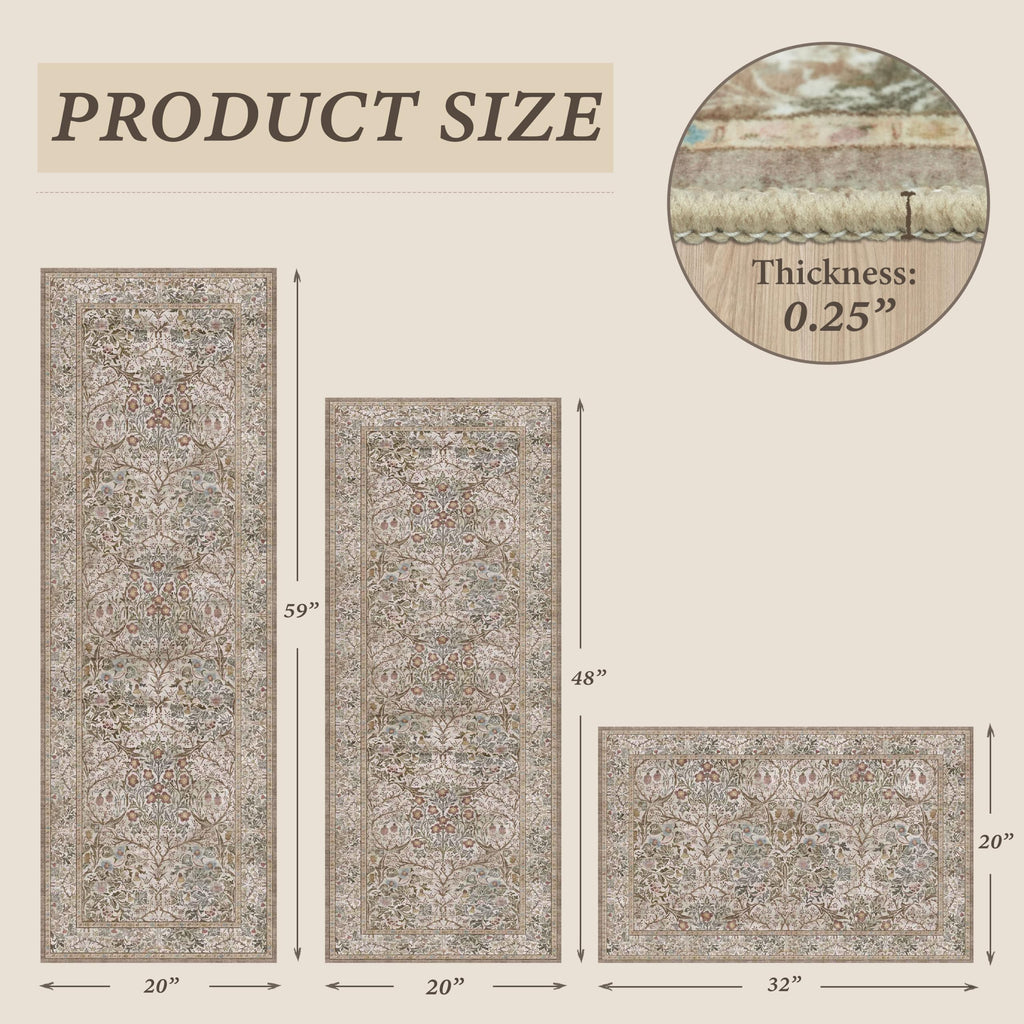 Kitchen Rugs Set of 3, Forest Vintage Kitchen Mats, Washable Runner