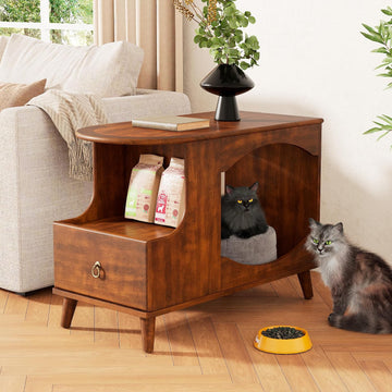 Solid Wood Cat Litter Box Enclosure with Drawer, Wooden Cat Bed