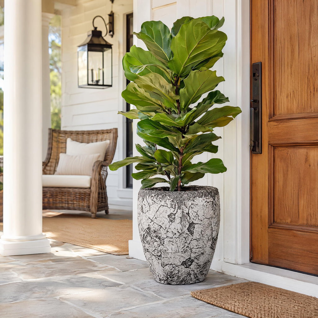 15" H x 11.6" Dia Fiberstone Planter Pot with Drainage Hole, Distressed Black & Gray Decorative Flower Pot for Indoor