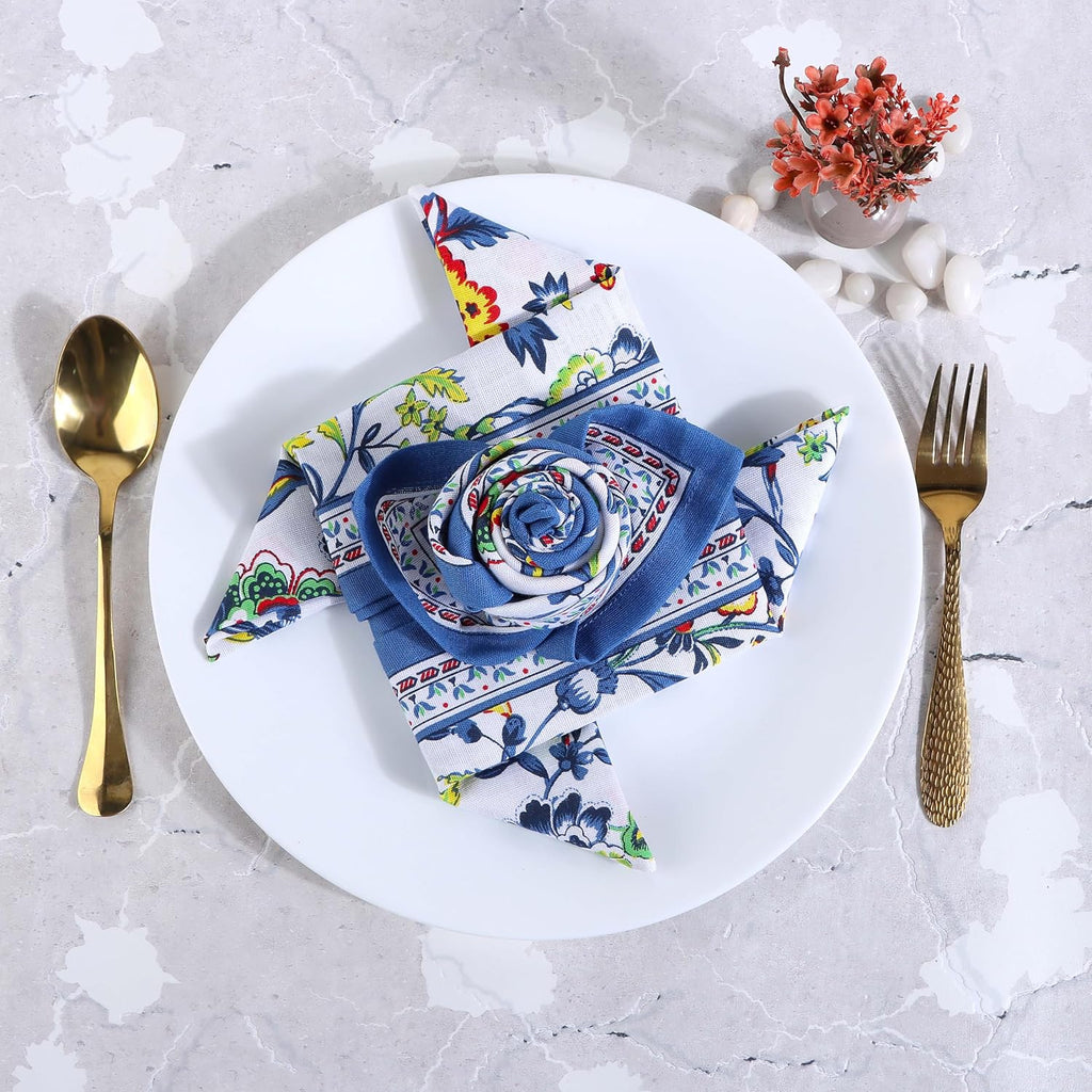 Cloth Napkins Set of 12 Cotton Linen, 20x20 Inch, Blue Floral | Mitered corner, washable, soft, absorbent, floral