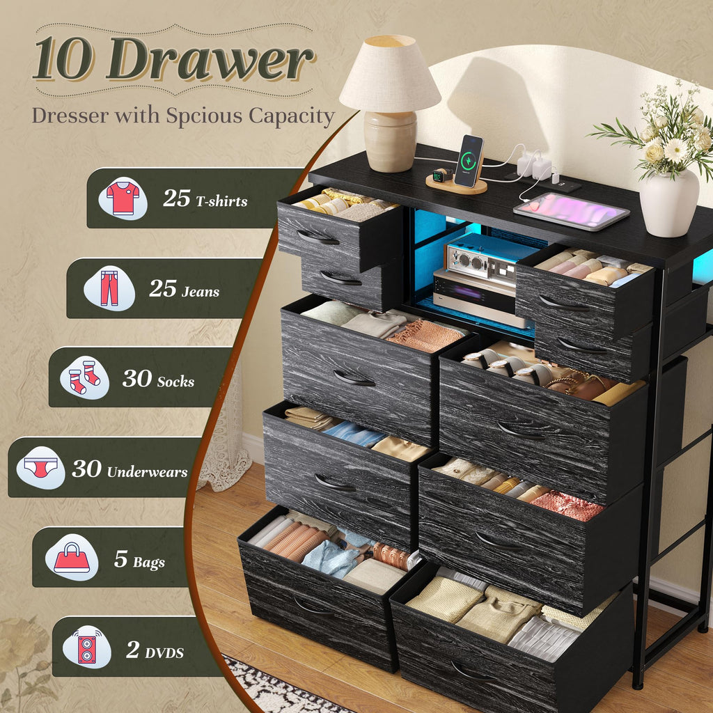 Black Dresser with Charging Station & LED, 10 Drawers