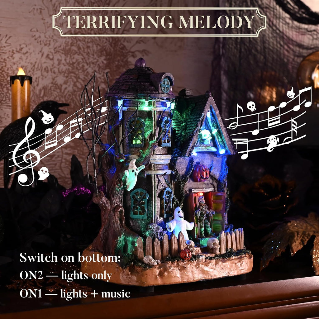 Halloween Decorations, Lighted Halloween Village Houses with Music and LED Lights, Resin Spooky Town Mummy's Haunted