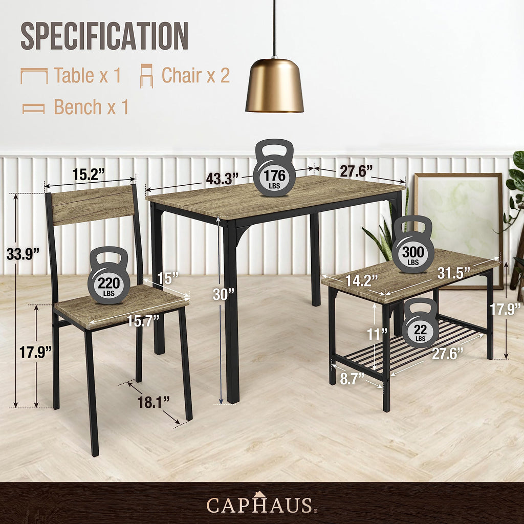 4 Pieces Dining Table Set for 4 w/Bench and Chairs, Modern Table Set w/Storage Rack, Rectangle Table, Bench & Two