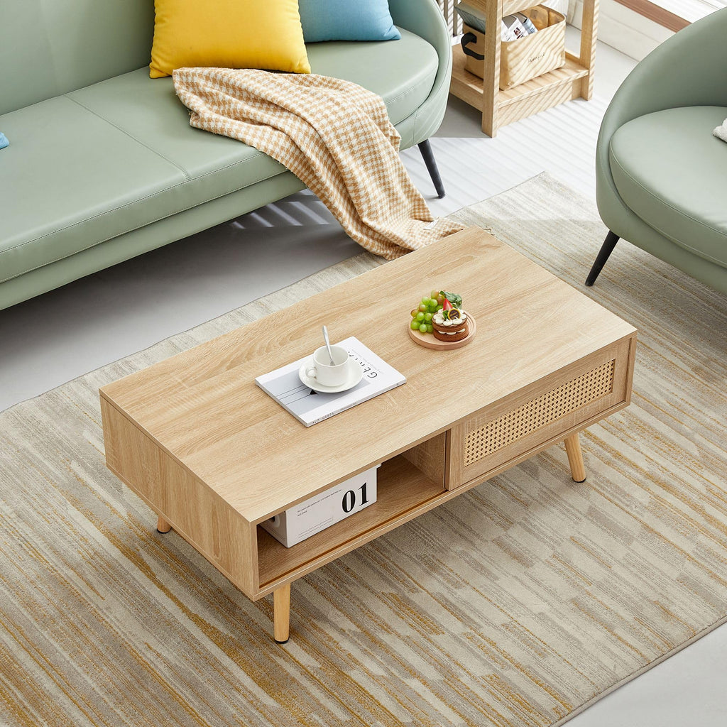 Modern Coffee Table with Storage, 41.3 Inch Rectangle Wooden Accent Center Sofa Table with Sliding PE Rattan Woven
