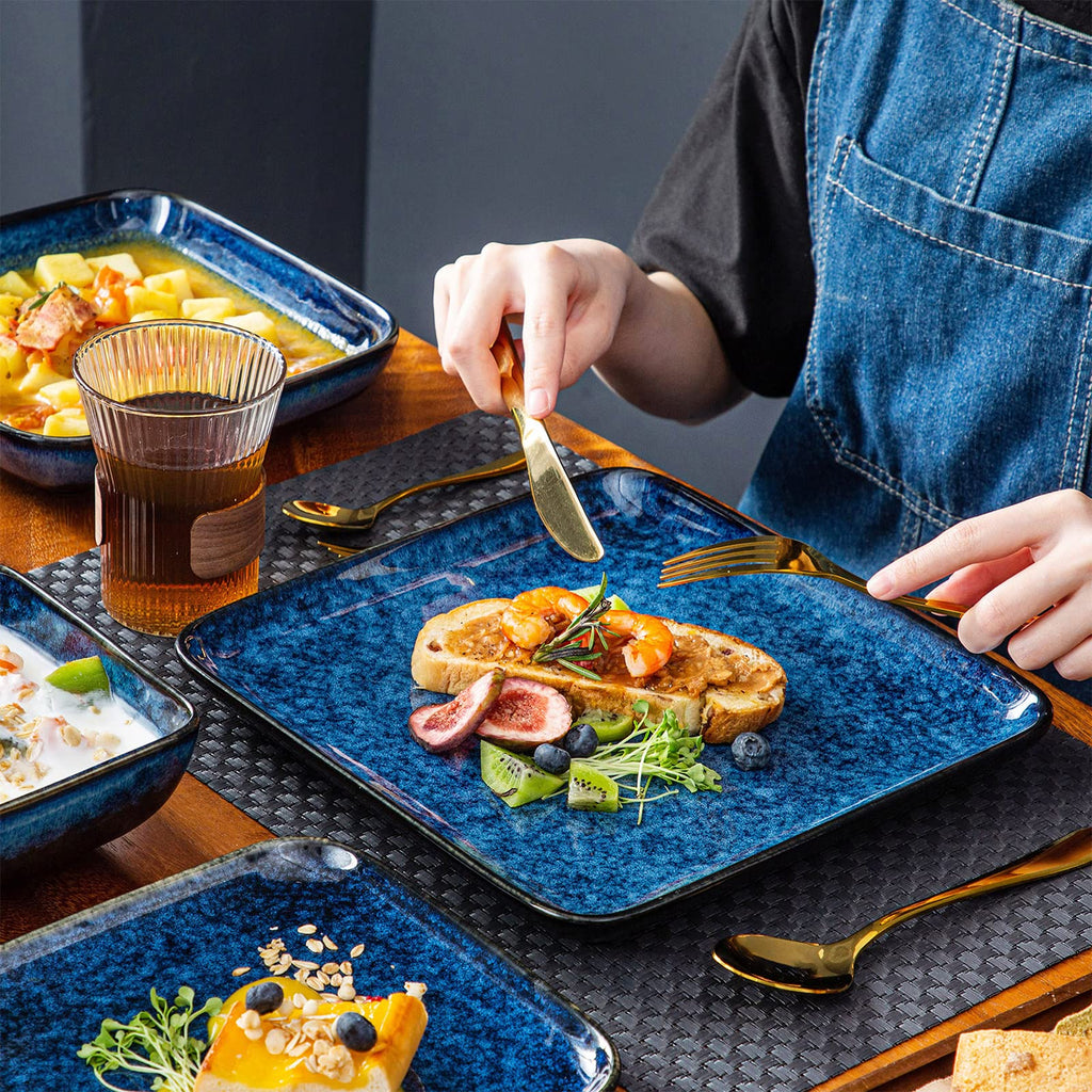 Square Stoneware Dinnerware Set for 4,16-Piece Plate and Bowl Set