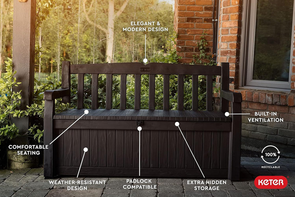 Solana 70 Gal Outdoor Storage Bench and Pool Accessories | Brown, Resin, Seating, Weatherproof, Lockable, Durable