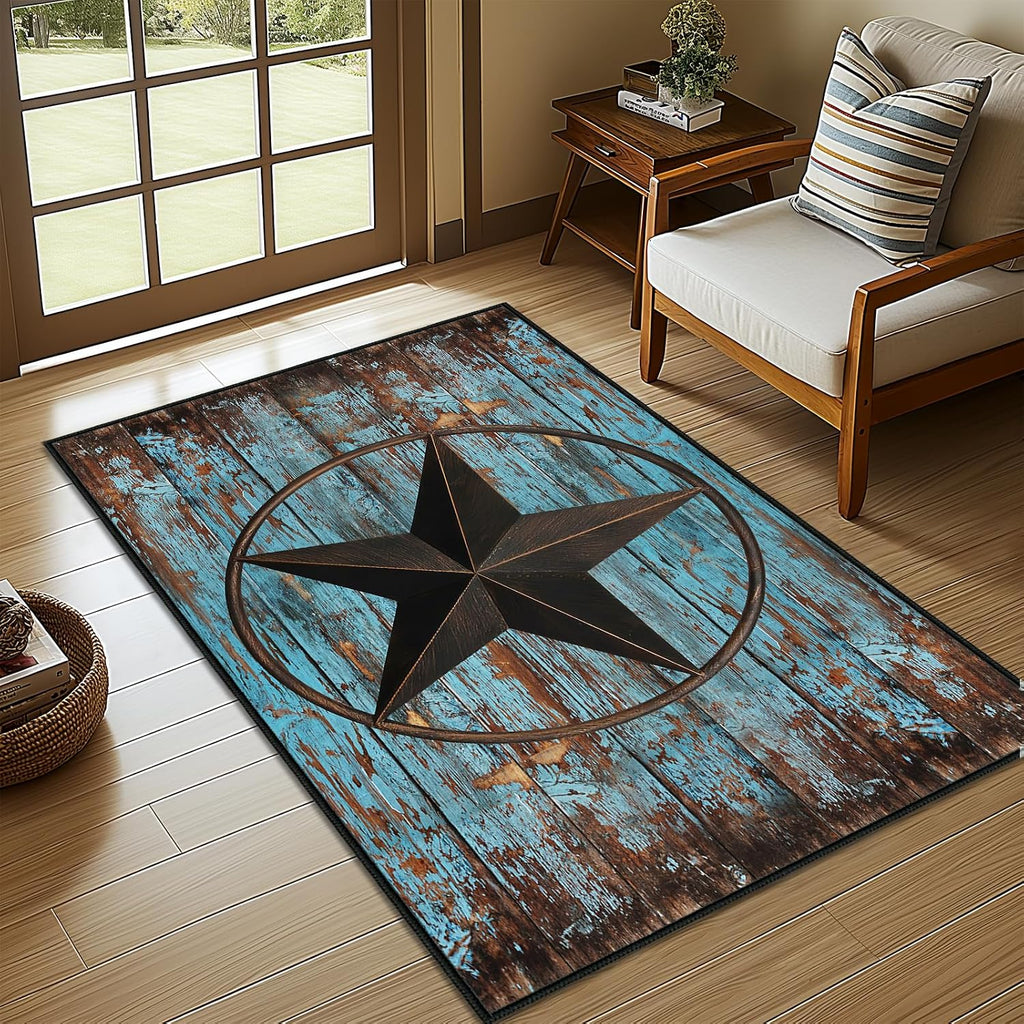 Western Area Rug,Rustic Barn Texas Star on Old Wooden Plank,Ultra-Thin Washable Throw Carpet Teal Rugs Indoor