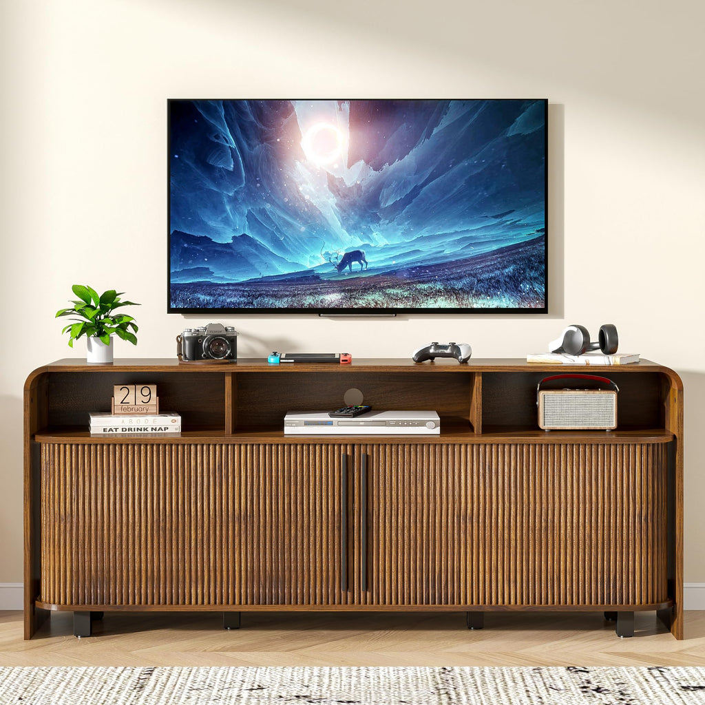 Walnut TV Stand for 65 70 75 Inch TV, Fluted Mid Century Modern TV Console with Sliding Doors, 63 Inch Entertainment