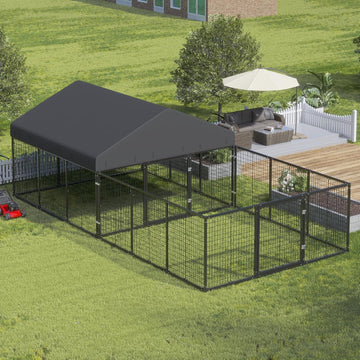 Outdoor Dog Kennel with Dog Fence for Medium/Small Dogs Anti-Rust Coating Cage with Roof All Weather Resistant Dog