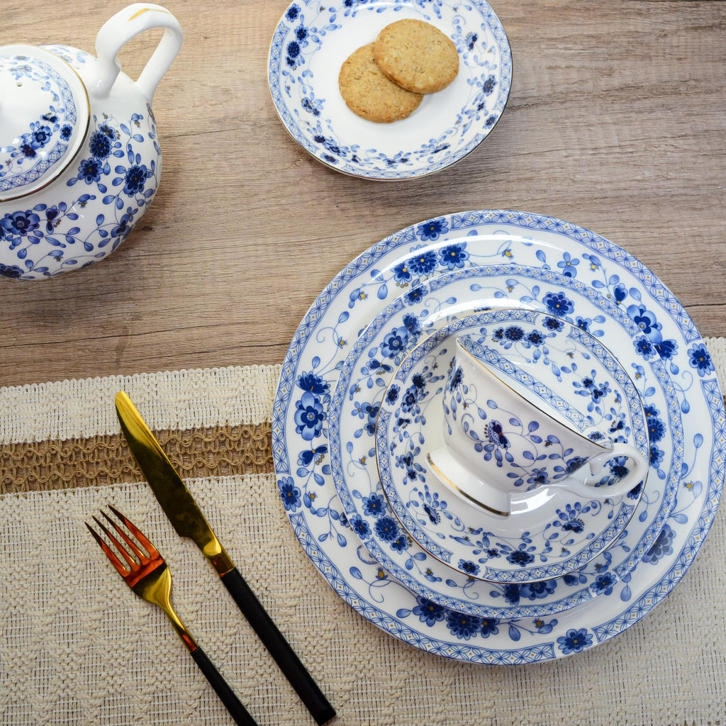 Fine Bone China Dinnerware Set, 12-Piece Blue and White Porcelain Dinnerware Set, Plates and Bowls Sets, Service for