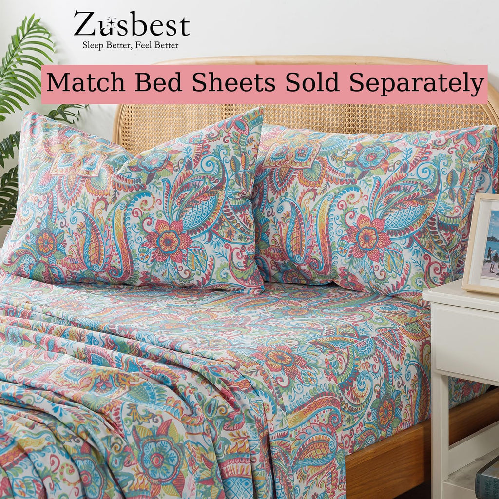 Pink Green Duvet Cover Set Queen Size 100% Percale Cotton Paisley Comforter Cover Floral Printed Watercolor Bedding