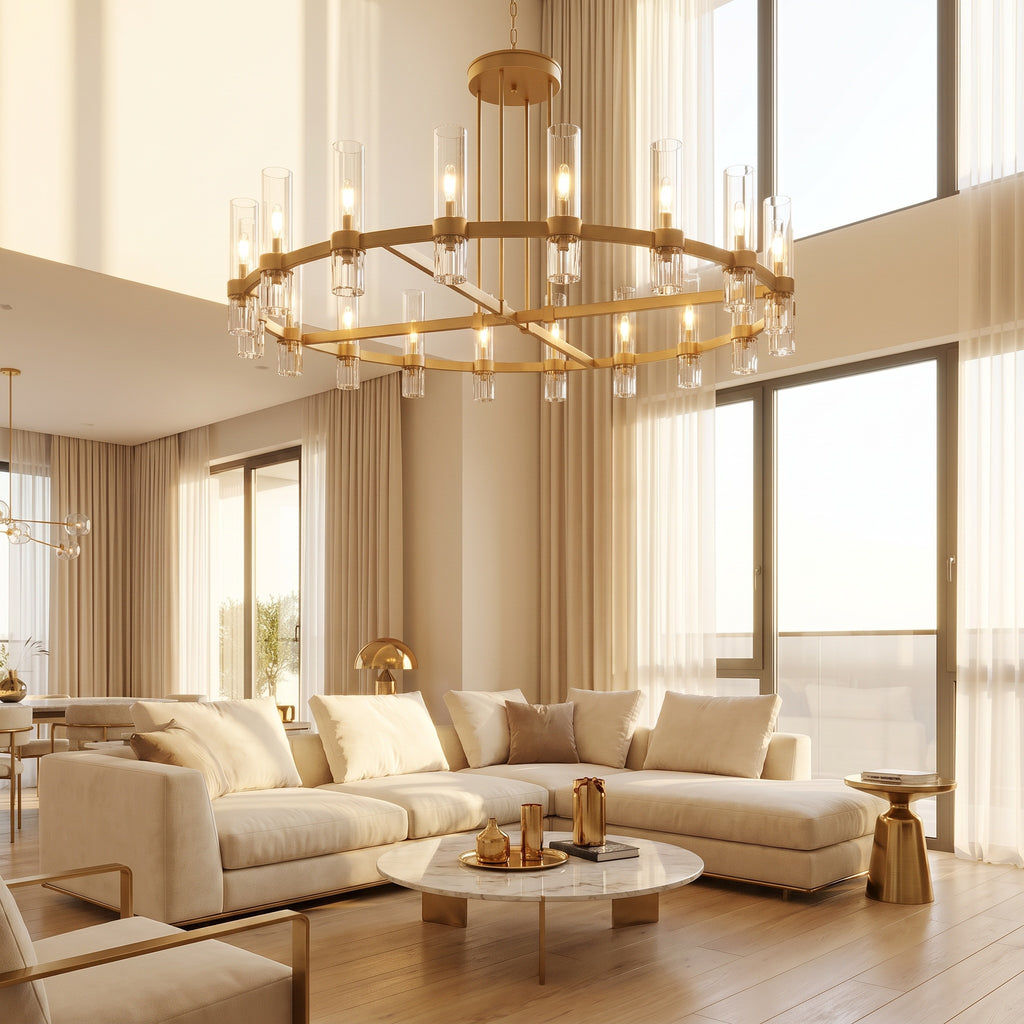 Ravelle 60 inch round brass chandelier in a bright modern luxury living room