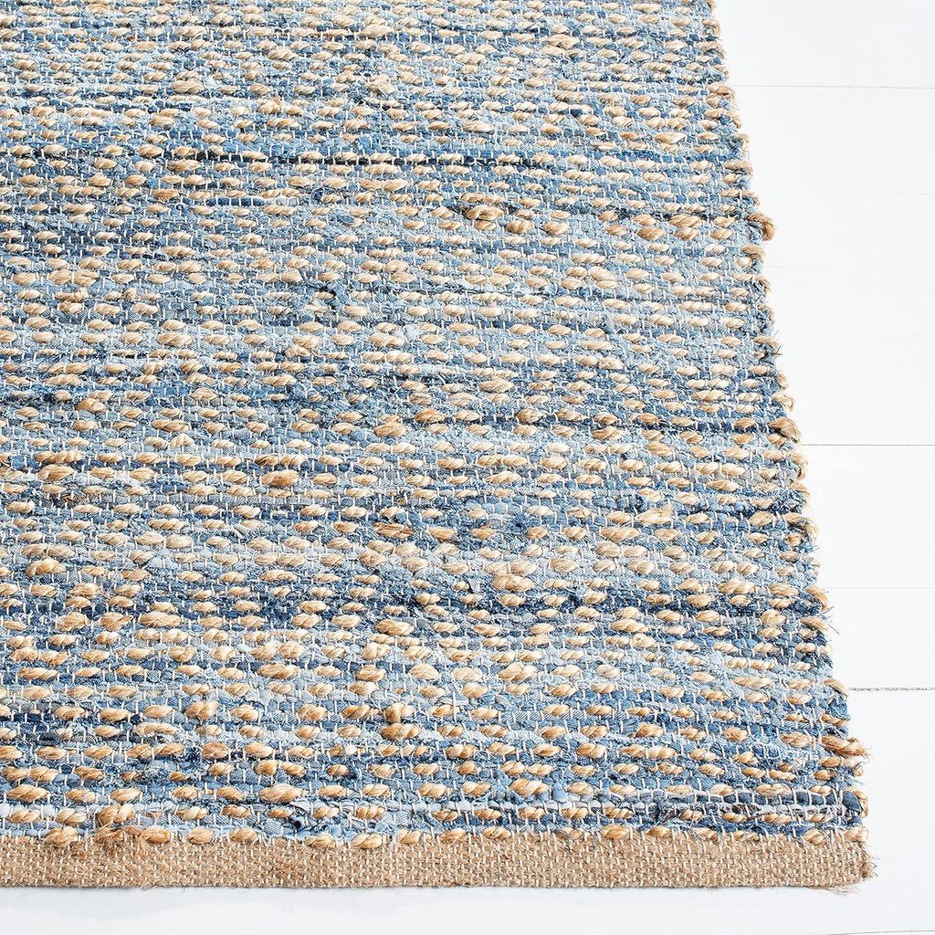 Area Rug - Cape Cod Collection - Large - Natural & Blue, Handmade Flat Weave Braided Jute, Ideal, Dining Space