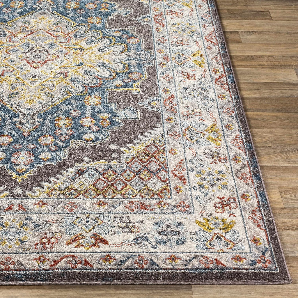 Blue Medallion Traditional Cream Area Rug Taupe Charcoal Gray Navy Haymond Living Room Bedroom Dining Room Home