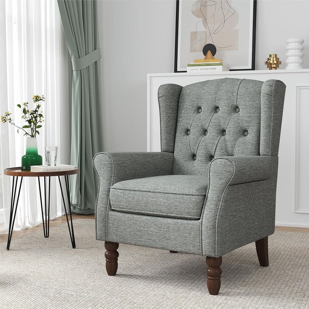 High Back Accent Chair, Tufted Wingback Chair , Grey | Button-Tufted Upholstered Armchair with Solid Wood Legs
