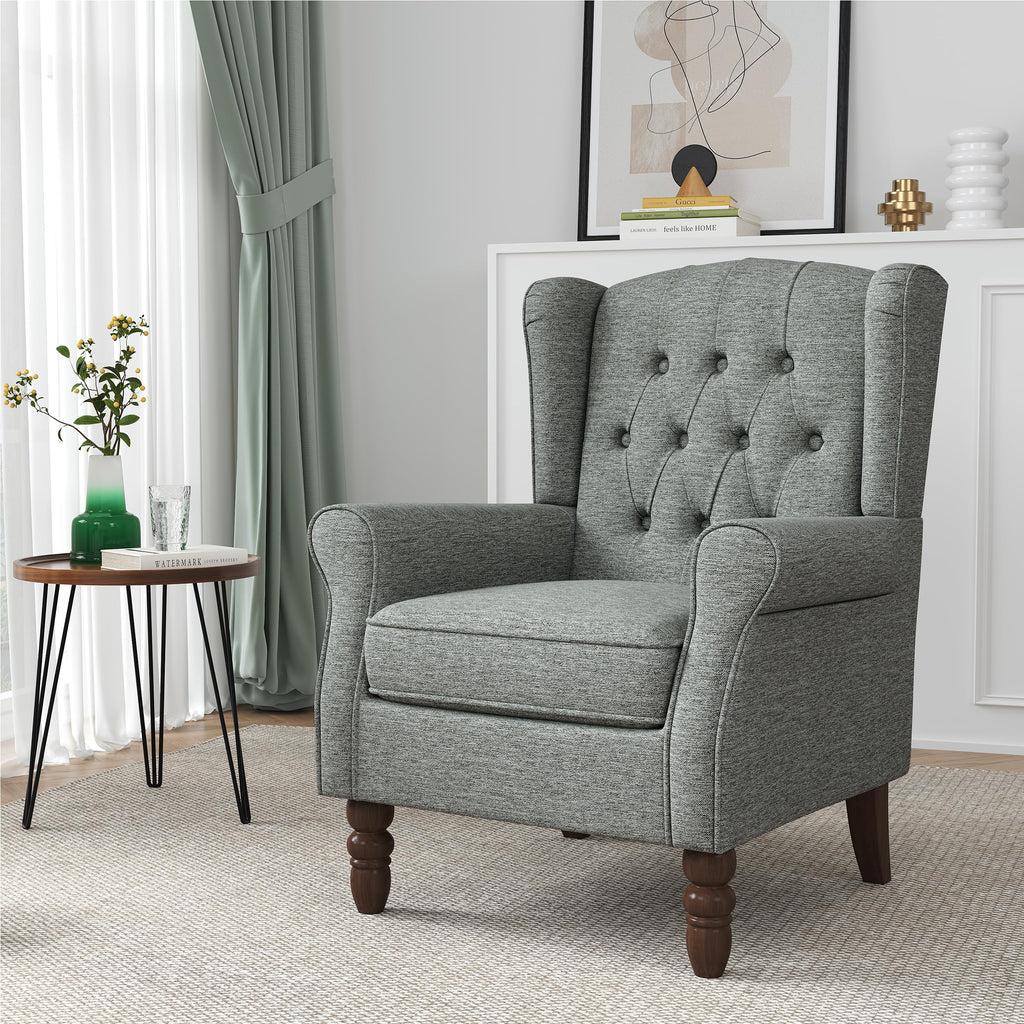 High Back Accent Chairs Set of 2, Button-Tufted Wingback Chair, Grey