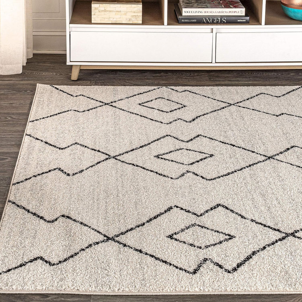 Alia Moroccan Beni Souk Cream/Black Indoor Area Rug, Bohemian, Scandinavian, Easy-Cleaning, Pet Friendly