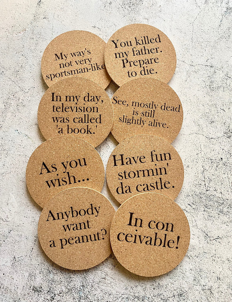 Set of Eight Princess Bride Quote Cork Coasters