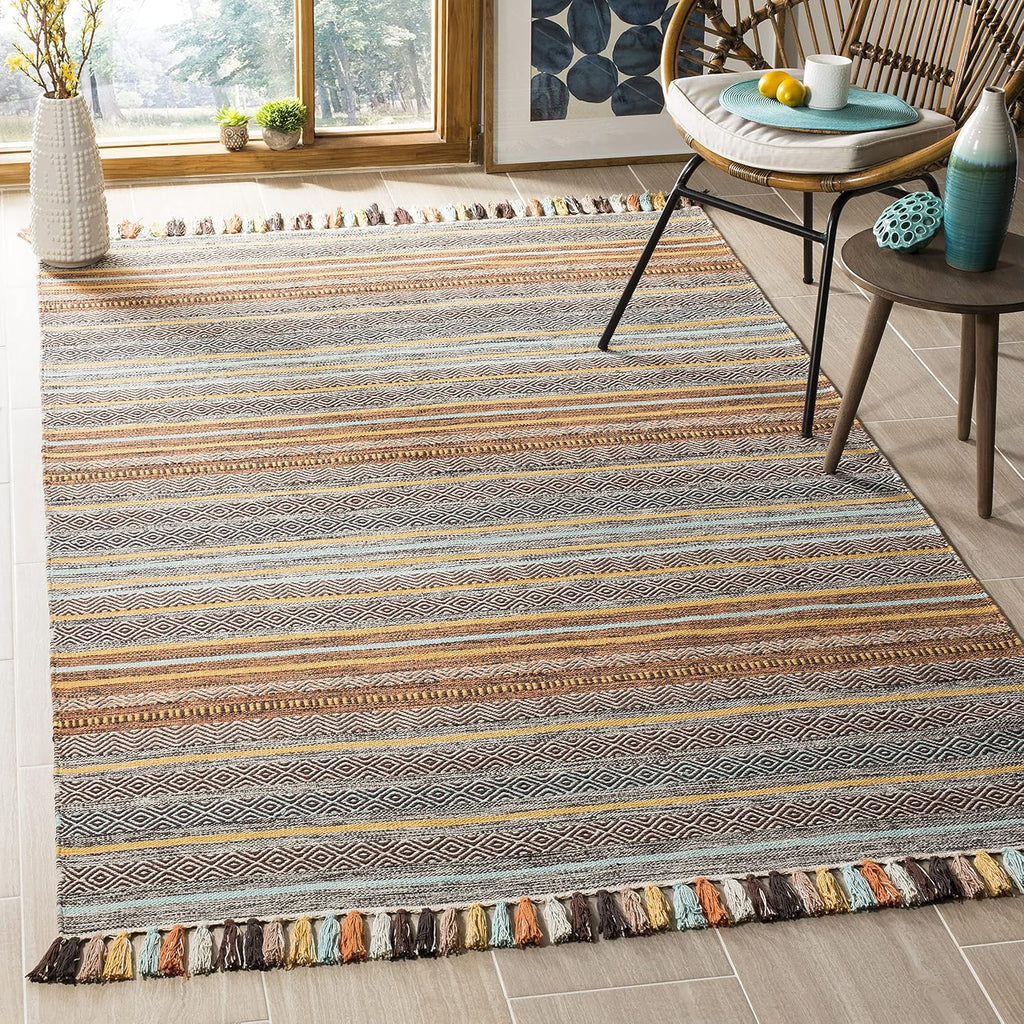 Montauk Collection Area Rug - 5' x 8', Turquoise & Brown, Handmade Boho Stripe Fringe Cotton, Ideal for High Traffic