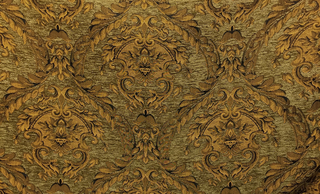 Tapestry Chenille Fabric - Upholstery Fabric, Olive Green / Gold - 60" Width - Sold Bty