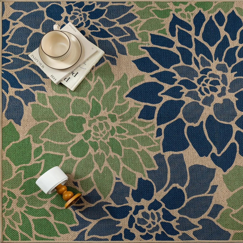 5x8 Navy Green Easy Jute Outdoor Rug Floral Farmhouse Carpet