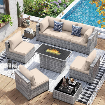 Patio Furniture Set with 44'' Fire Pit Table, 8 PCS Outdoor Sectional Furniture Sets, Outdoor Conversation Set PE