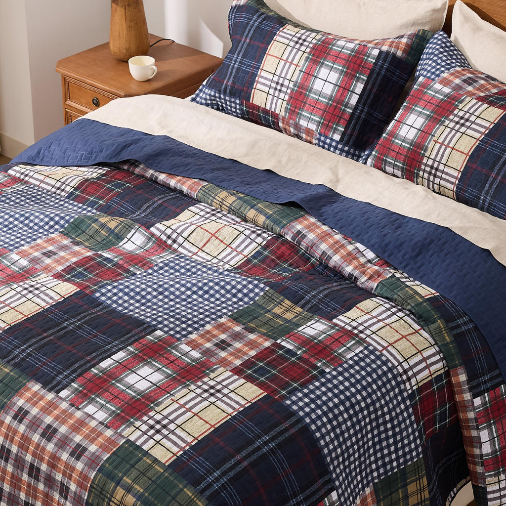 Patchwork Quilt Bedding Set, Plaid Lightweight Reversible Bedspread Coverlet, 3-Piece Bed Cover Quilt with 2