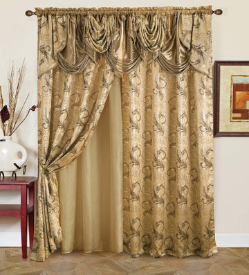 Jacquard Luxury Window 2 Panel Set Taupe Curtain with Attached Valance and Backing Bedroom Living Room Dining 2