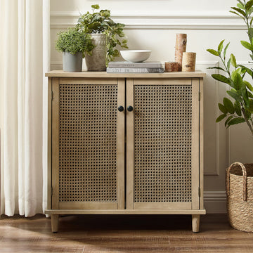 Accent Storage Cabinet with Woven Rattan Wicker Doors, Sideboard Buffet Cabinet, Rubber Wood Veneer