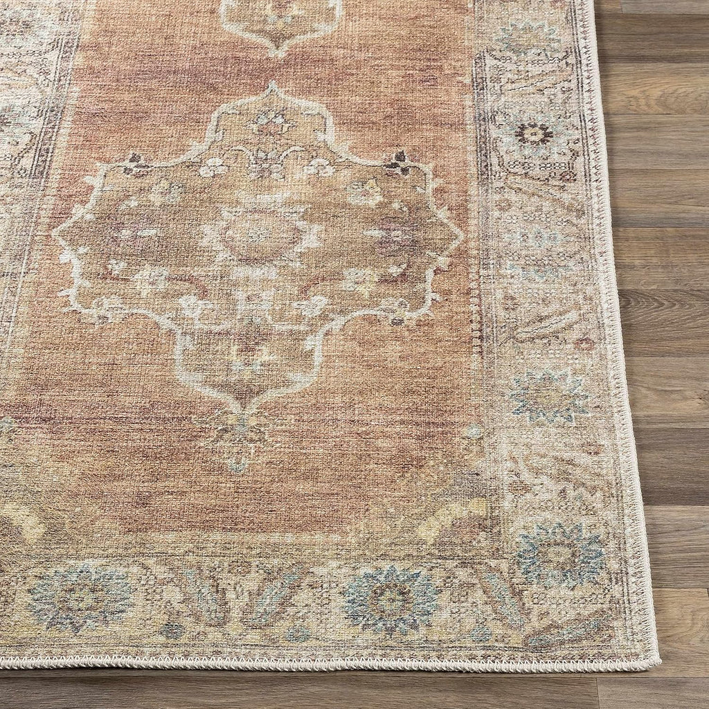 Powhatan Machine Washable Area Rug - Medallion Floral Border Distressed Faded - Traditional Oriental Transitional