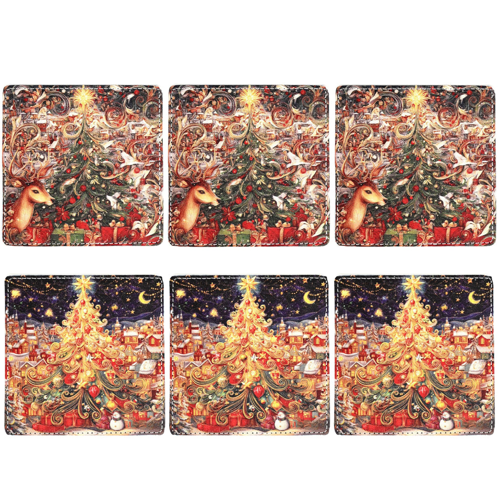 Christmas Coasters Square Leather Drinks Coaster Set with Holder for Coffee Table Bar Home Decor 4 Inches Set of 6