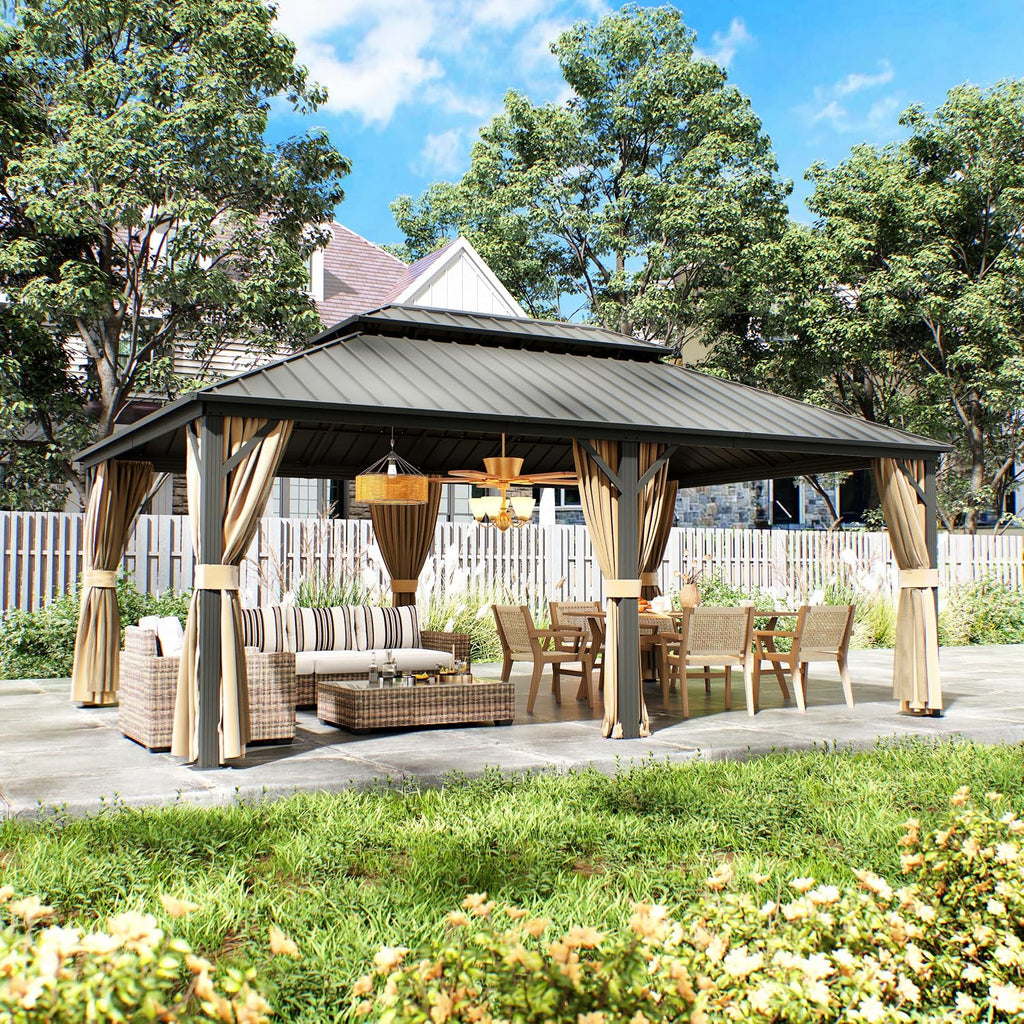 14×20 ft Outdoor Gazebo with Double-Layered Galvanized Steel roof, Hard-top Canopy Featuring Curtains and mesh Panels