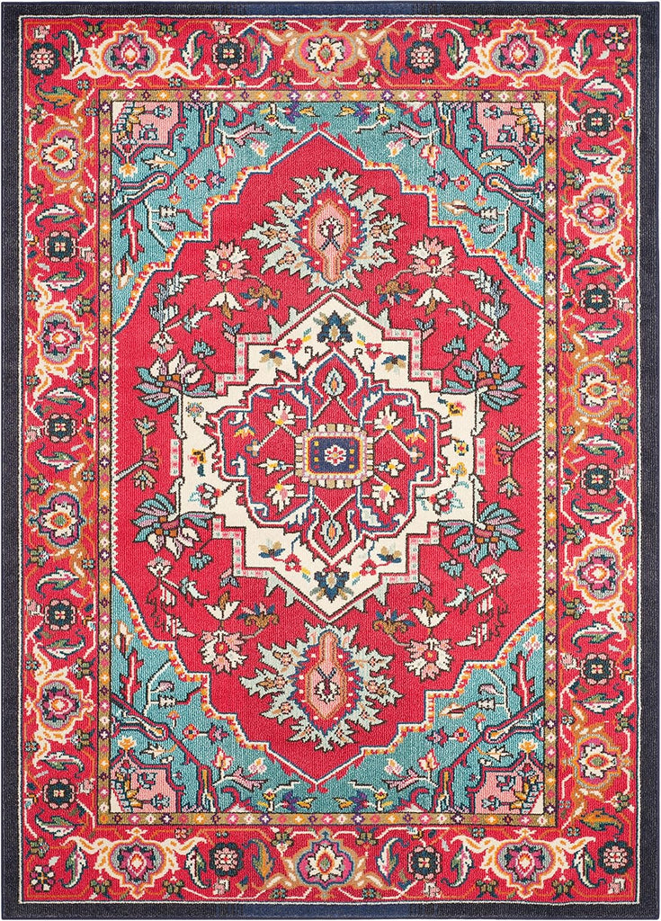 Monaco Collection Area Rug, Red & Turquoise, Boho Oriental Medallion Design, Non-Shedding & Easy Care